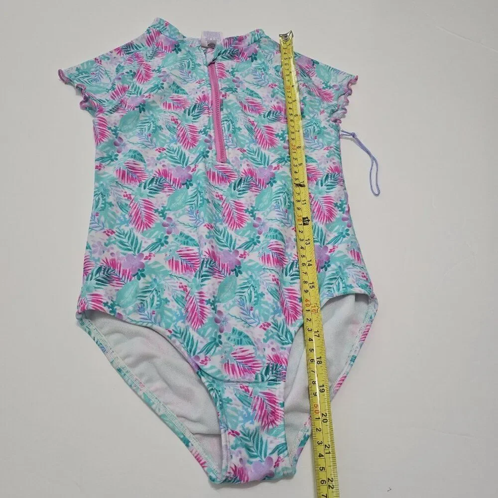 NWOT - More Than Magic M (7/8) Girls Swimsuit  One Piece Zip‎ Kids Tropical